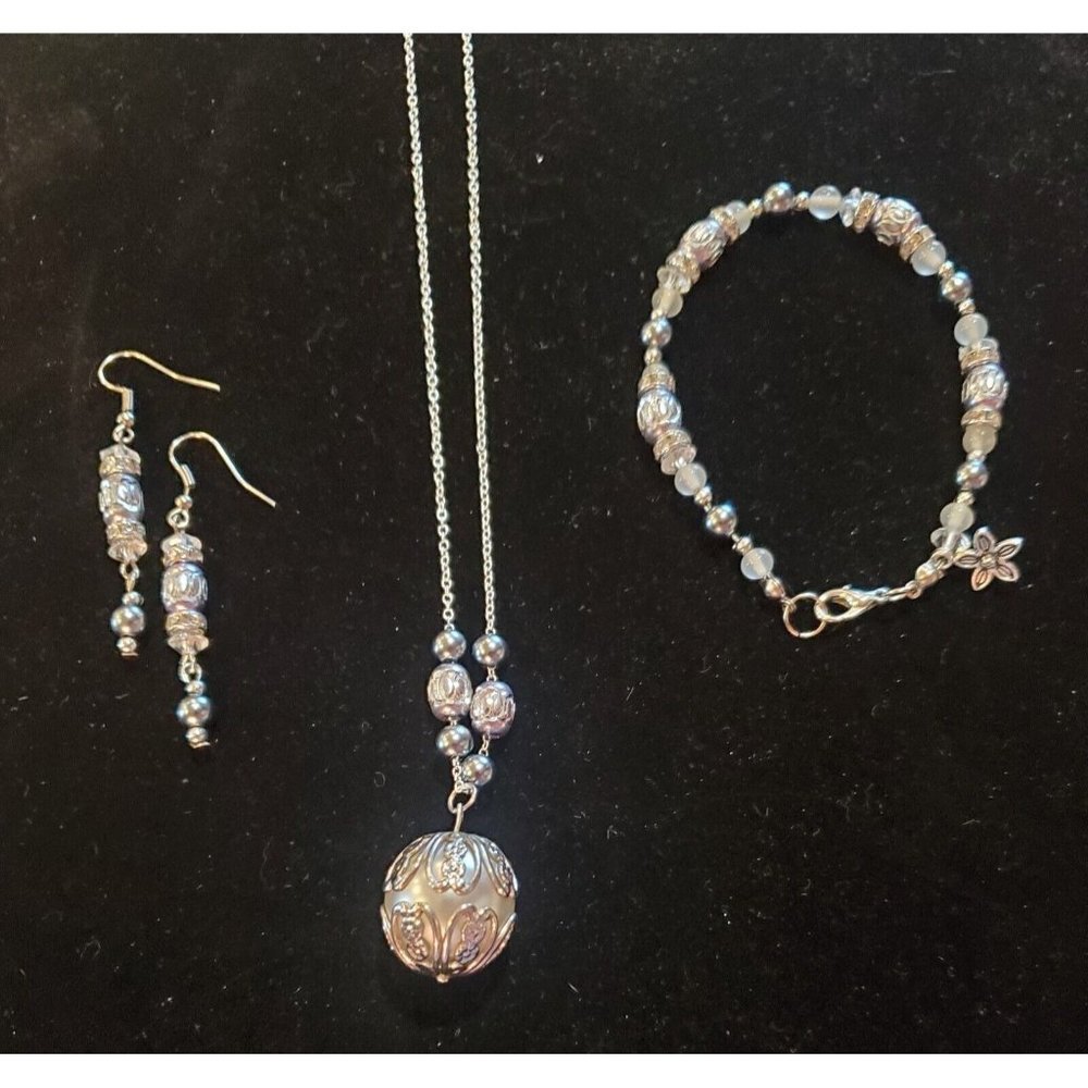 HANDCRAFTED Silver Tone Necklace Bracelet & Earrings Beaded Rhinestone Jewelry
